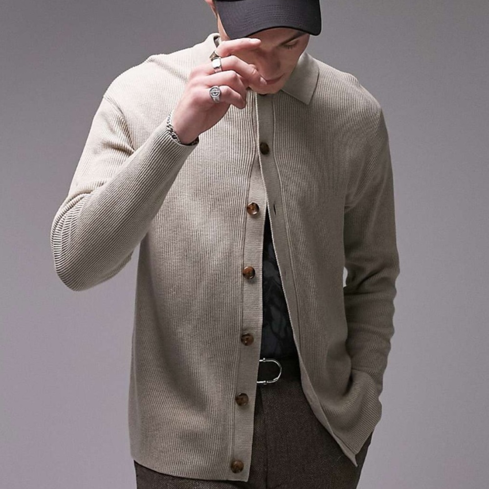 Topman button up polo cardigan stone mens sz M NWT